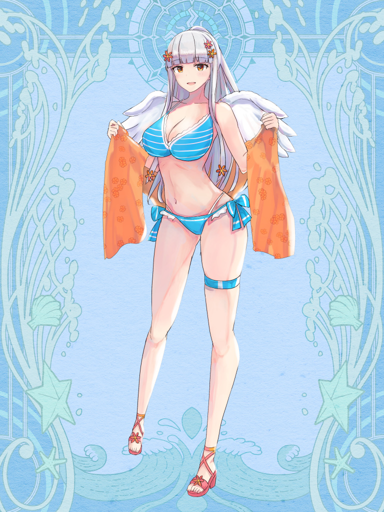 1girl :d bad_proportions bikini blue_background blue_bikini blue_bow blunt_bangs bow breasts brown_eyes dairoku_ryouhei flower full_body grey_hair hair_flower hair_ornament hoi_(tw) holding holding_towel long_hair looking_at_viewer medium_breasts mithria_librarian navel sandals side-tie_bikini_bottom smile solo standing swimsuit thigh_strap towel white_wings wings