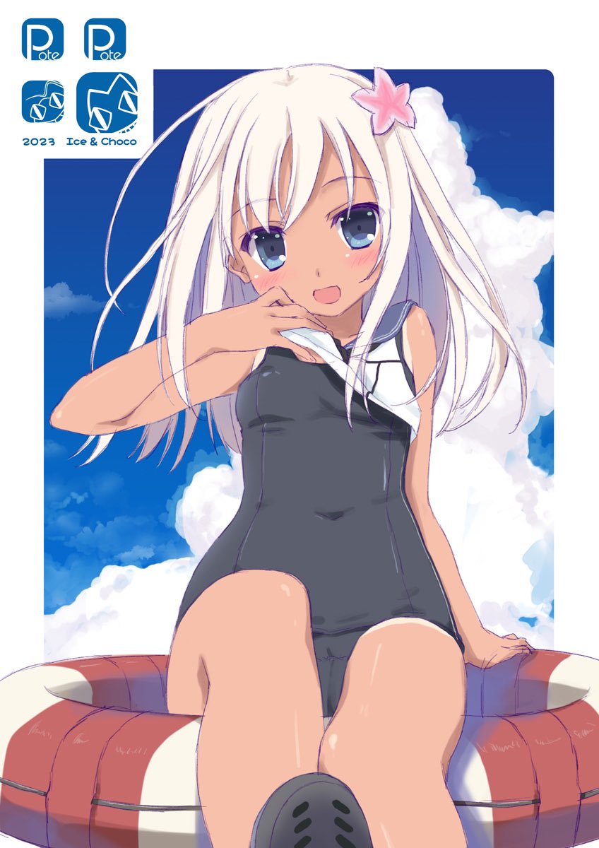 1girl blue_eyes blue_one-piece_swimsuit breasts clothes_lift cloud covered_navel dark-skinned_female dark_skin flower hair_flower hair_ornament highres innertube kantai_collection kokonobi legs lifted_by_self long_hair looking_at_viewer no_pants old_school_swimsuit one-piece_swimsuit open_mouth outdoors ro-500_(kancolle) school_swimsuit shirt shirt_lift shoes sitting sky sleeveless sleeveless_shirt small_breasts smile solo swimsuit swimsuit_under_clothes tan tanlines thighs white_hair white_shirt