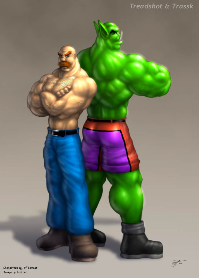 2006 belt boots bottomwear braford clothed clothing duo facial_hair footwear green_body green_skin human humanoid male mammal muscular muscular_male mustache orc pants shirtless topless trassk tusks vein veiny_muscles