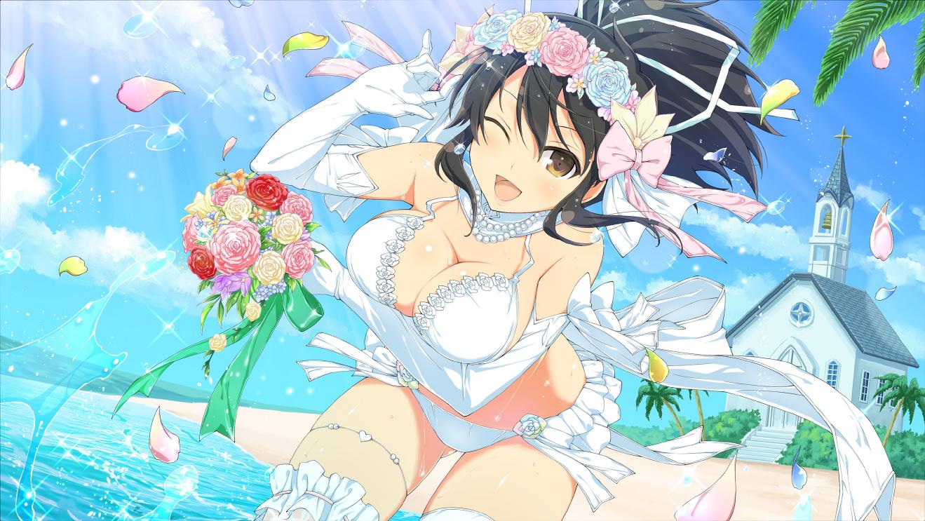 1girl asuka_(senran_kagura) beach bell black_hair blue_flower blue_rose blue_sky blush bouquet bow breasts bridal_lingerie bride brown_eyes church cleavage cloud day door elbow_gloves flower gloves hair_flower hair_ornament hair_ribbon horizon lace large_breasts lingerie looking_at_viewer ocean official_alternate_costume official_art open_mouth outdoors palm_tree panties pink_flower pink_rose ponytail red_flower red_rose ribbon rose sand senran_kagura senran_kagura_new_link senran_kagura_shoujo-tachi_no_shin'ei short_hair sky smile solo steeple thigh_strap thighhighs thighlet tree underwear water white_bow white_gloves white_panties white_ribbon white_thighhighs window yaegashi_nan yellow_flower yellow_rose