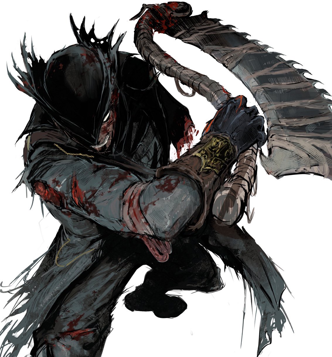 1boy amputee black_gloves black_jacket black_pants blood blood_on_clothes bloodborne gloves guri_otoko hand_up hat highres holding holding_weapon hunter_(bloodborne) injury jacket pants saw_cleaver simple_background solo teeth torn_clothes torn_hat torn_jacket tricorne weapon white_background