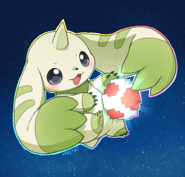 blue_eyes blush claws digimon digimon_(creature) egg glowing green_fur horns huiro no_humans open_mouth pixels signature single_horn smile star_(sky) terriermon