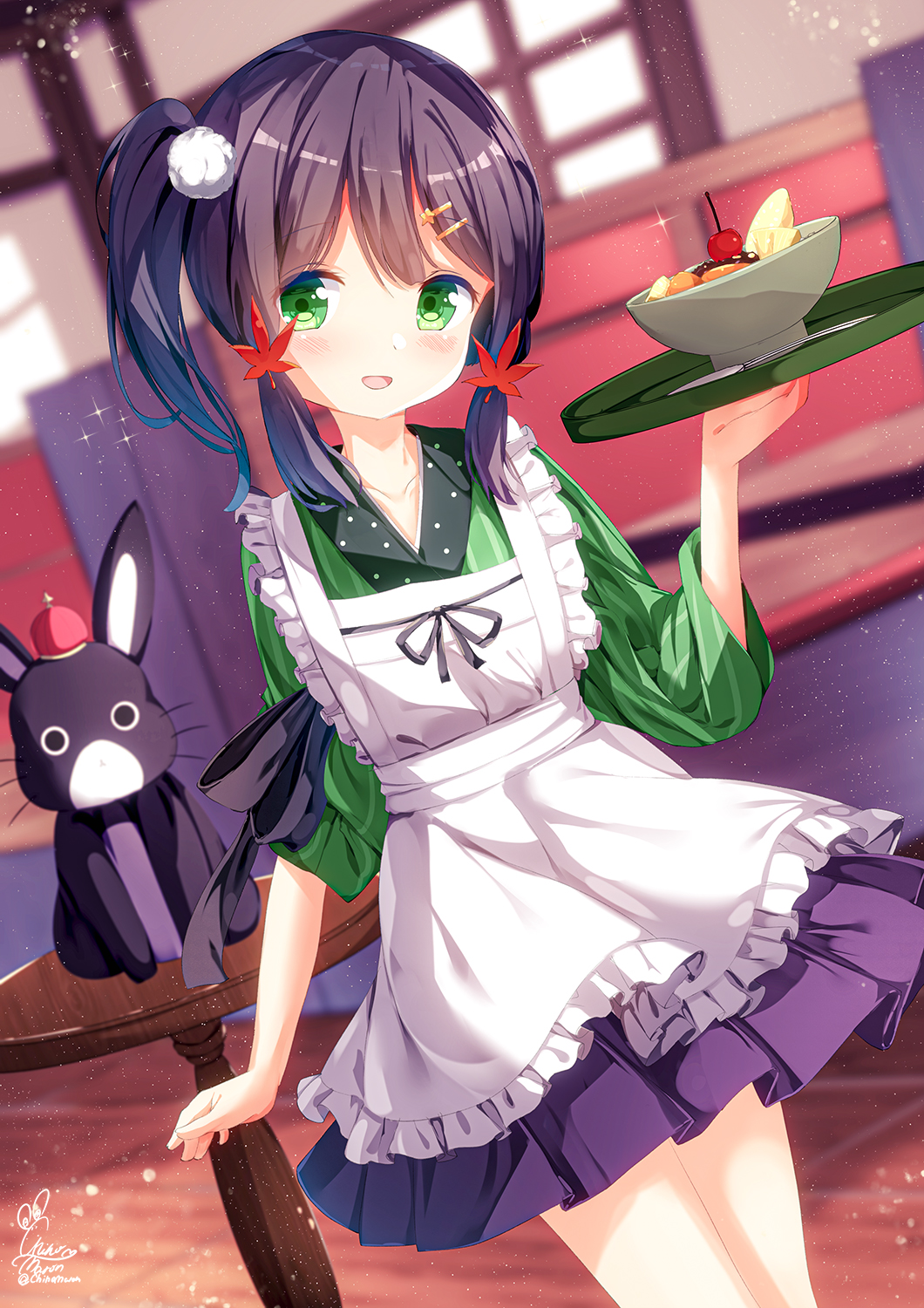 1girl :d ama_usa_an_uniform animal anko_(gochiusa) apron black_skirt blurry blurry_background bowl character_request chinomaron commentary_request cosplay couch crown depth_of_field food frilled_apron frills gochuumon_wa_usagi_desu_ka? green_kimono hair_ornament hairclip hand_up highres holding holding_tray indoors japanese_clothes kimono lapis_re:lights leaf_hair_ornament maid_apron mini_crown pleated_skirt rabbit side_ponytail skirt smile striped striped_kimono table tray ujimatsu_chiya ujimatsu_chiya_(cosplay) uniform vertical-striped_kimono vertical_stripes waitress white_apron window