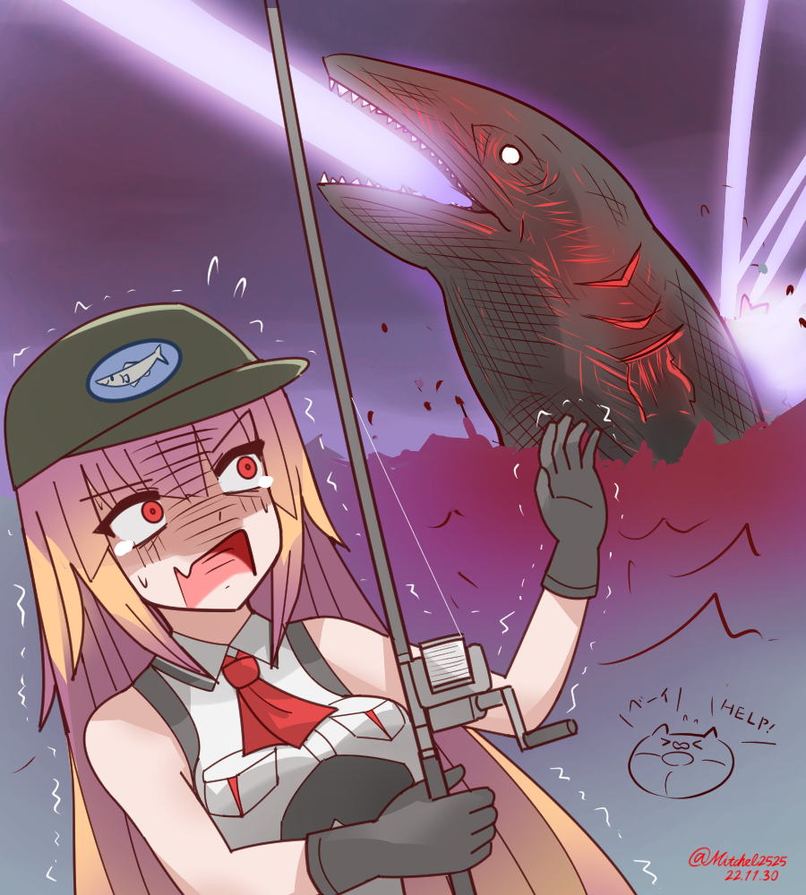 1girl bare_shoulders black_gloves black_headwear blonde_hair brooklyn_(kancolle) dated fishing gloves godzilla_(series) godzilla_(shin) kaijuu kantai_collection long_hair mitchell_(dynxcb25) monster mosasaurus ocean red_eyes scared sharp_teeth shin_godzilla shirt sleeveless sleeveless_shirt surprised teeth tokusatsu twitter_username waving