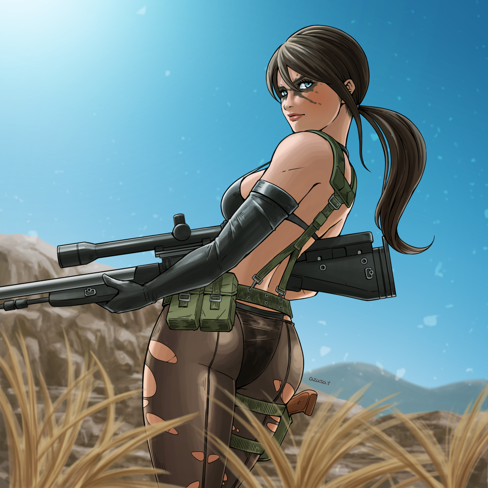 1girl ass azusa_tanaka black_bra black_gloves black_panties blue_eyes blue_sky bra breasts brown_hair commentary_request elbow_gloves gloves gun hair_between_eyes holding holding_gun holding_weapon holster holstered long_hair looking_at_viewer looking_back low_ponytail medium_breasts metal_gear_(series) metal_gear_solid_v:_the_phantom_pain midriff panties panties_under_pantyhose pantyhose ponytail quiet_(metal_gear) rifle sideboob sky sniper_rifle solo thick_thighs thigh_holster thighs torn_clothes torn_pantyhose underwear weapon