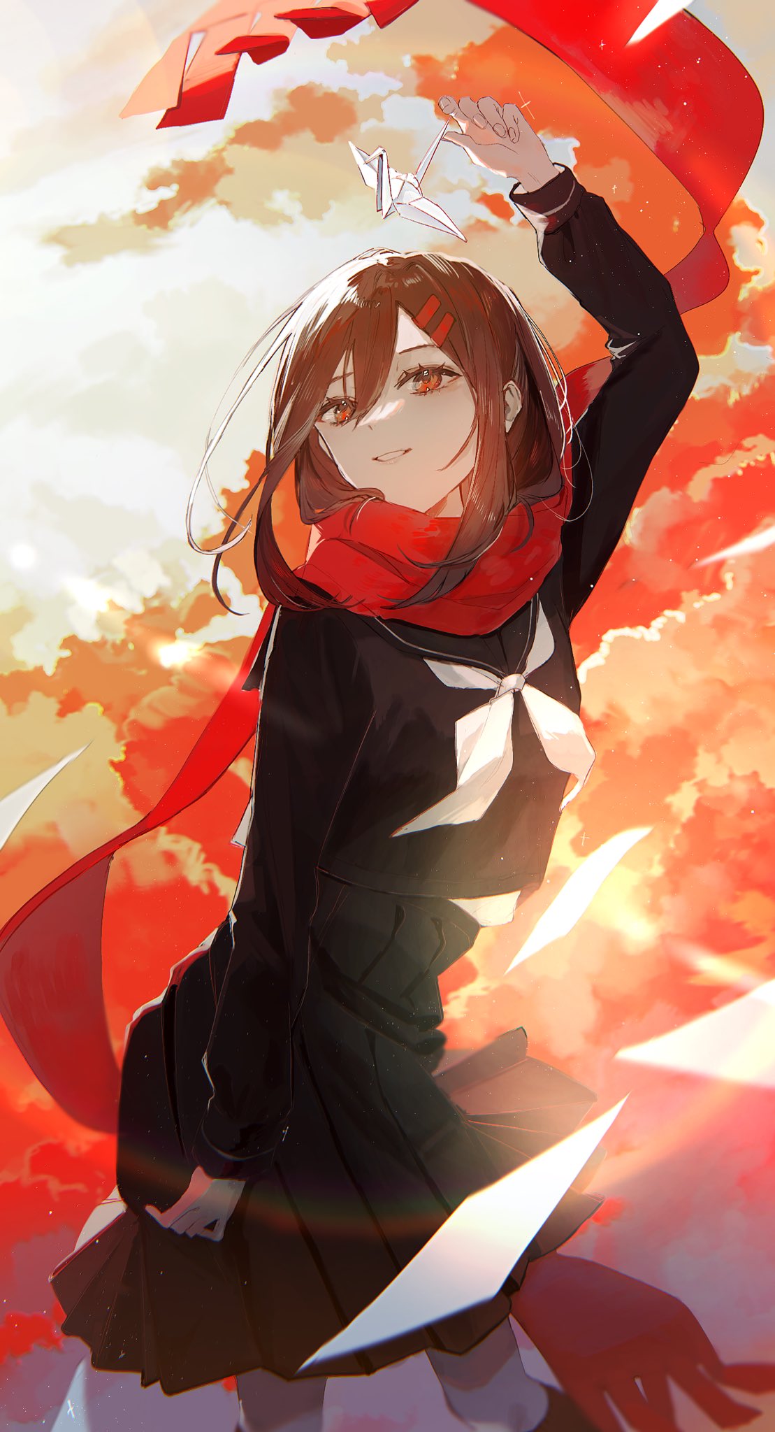 1girl arm_at_side arm_up black_sailor_collar black_serafuku black_shirt black_skirt black_socks blurry brown_hair cloud cowboy_shot depth_of_field enpera floating_scarf flying_paper hair_ornament hairclip highres holding kagerou_project lens_flare long_scarf long_sleeves looking_ahead medium_hair mochigome_23 neckerchief origami paper paper_crane parted_lips pleated_skirt red_eyes red_scarf sailor_collar scarf school_uniform serafuku shirt skirt sky smile socks solo sunlight sunset tateyama_ayano white_neckerchief
