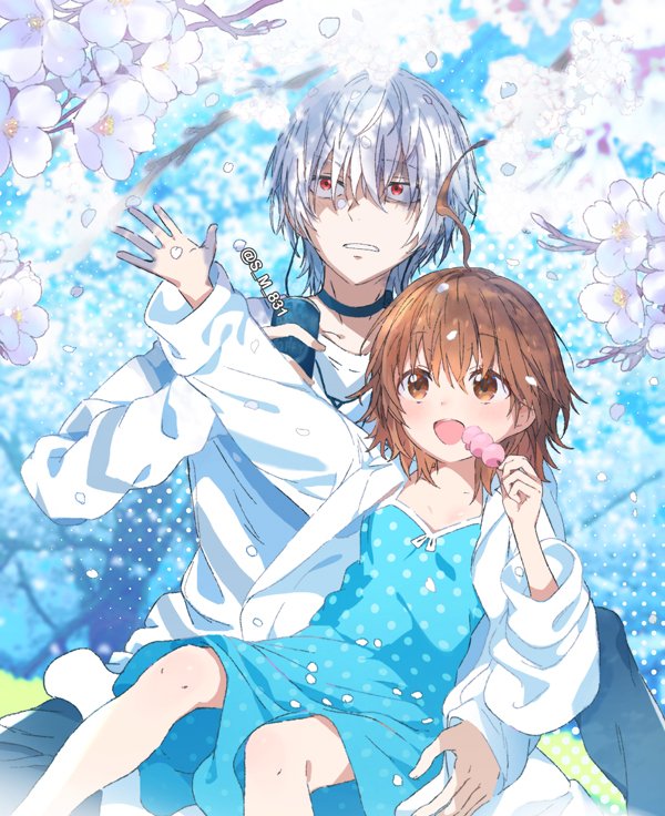 1boy 1girl :d accelerator_(toaru_majutsu_no_index) age_difference ahoge albino artist_name black_choker blue_dress blue_sky blush bob_cut breasts brown_eyes brown_hair can cherry_blossoms child choker collarbone commentary dango diagonal-striped_shirt diagonal_stripes dress dress_shirt drink drinking eating falling_petals female_child food grass grey_shirt hair_between_eyes hair_over_eyes hanami holding holding_can holding_drink holding_food last_order_(toaru_majutsu_no_index) light_frown long_sleeves medium_hair on_ground open_clothes open_mouth open_shirt outdoors outstretched_arm overshirt oversized_clothes parted_lips petals polka_dot polka_dot_dress reaching red_eyes s_m_831 sanpaku screentones shaded_face shirt short_hair sitting sitting_on_lap sitting_on_person size_difference sky sleeveless sleeveless_dress small_breasts smile spaghetti_strap striped striped_shirt sundress toaru_kagaku_no_accelerator toaru_kagaku_no_railgun toaru_majutsu_no_index tree twitter_username wagashi white_hair white_shirt