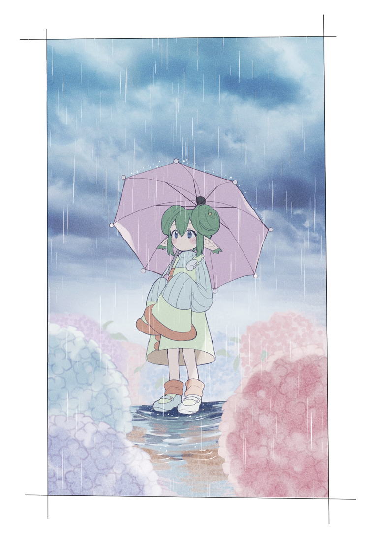 1girl blue_flower blush_stickers border closed_mouth double_bun dress flower full_body green_footwear green_hair hair_between_eyes hair_bun horns hydrangea kashima_miyako lidelle_(puyopuyo) outdoors pink_flower pointy_ears puddle purple_umbrella puyopuyo puyopuyo_fever rain short_hair solo standing storm sweater sweater_dress umbrella white_border wing_ornament