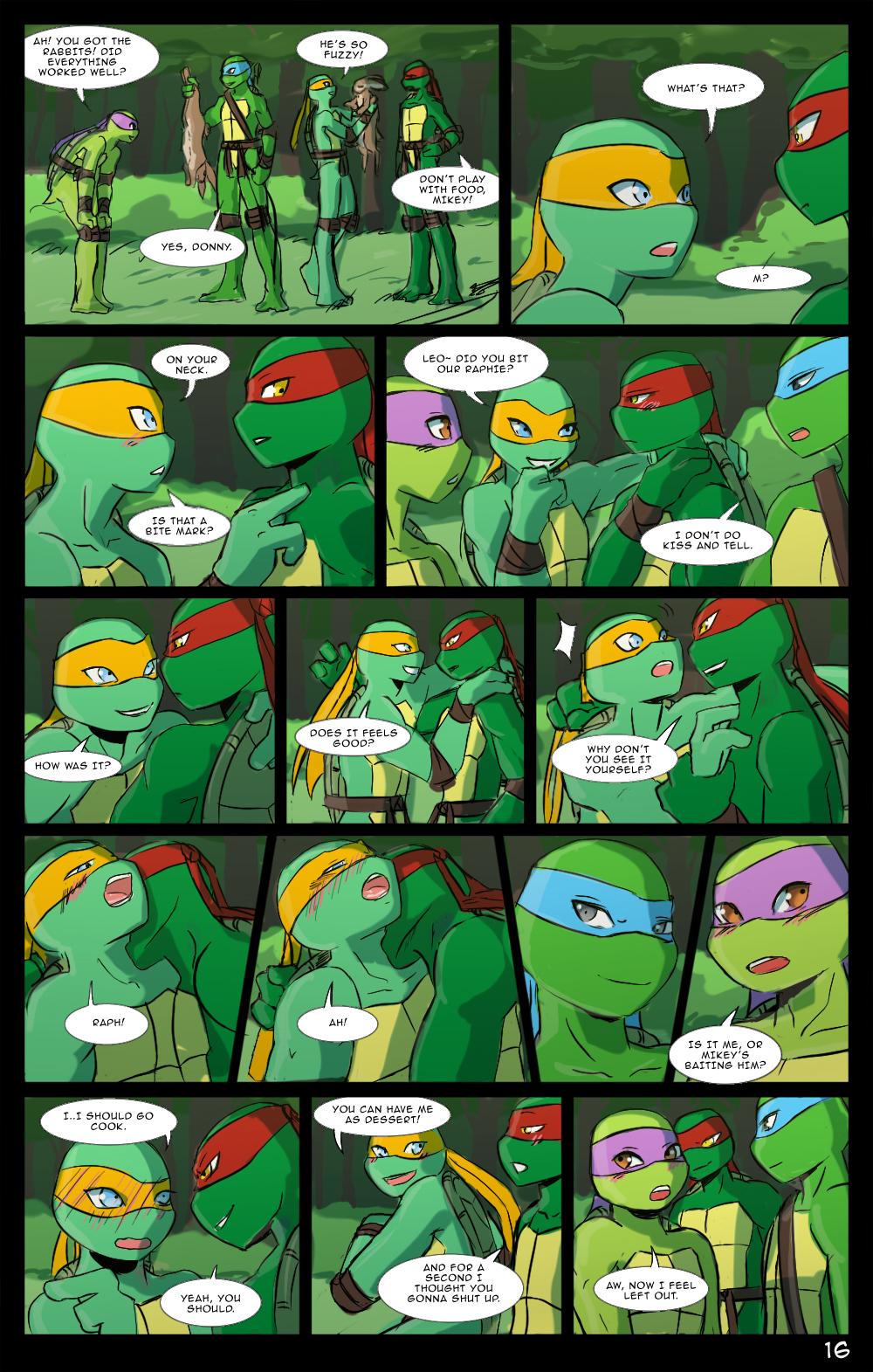 bandanna bite blush brother_(lore) brothers_(lore) comic dialogue donatello_(tmnt) flustered forest group hi_res kerchief lagomorph leonardo_(tmnt) leporid male mammal michelangelo_(tmnt) momorawrr neattea neck_bite outside plant rabbit raphael_(tmnt) reptile scalie sibling_(lore) teenage_mutant_ninja_turtles tree turtle