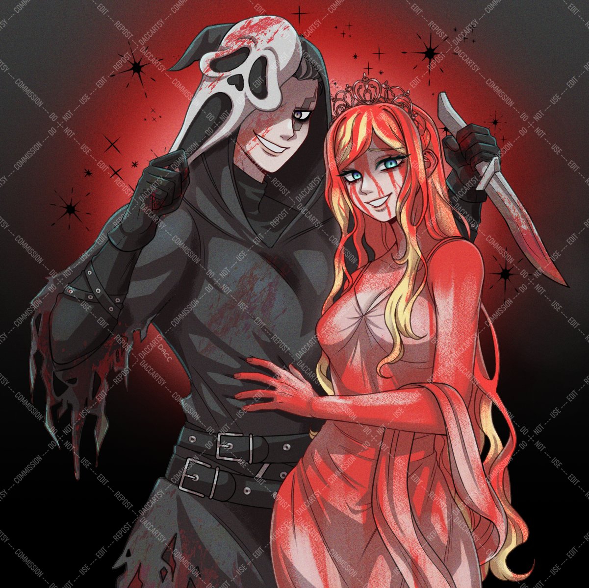 1boy 1girl belt black_belt black_gloves blonde_hair blood blood_on_clothes breasts carrie_(stephen_king) carrietta_white carrietta_white_(cosplay) cleavage collarbone commission cosplay cowboy_shot dacc_(daccartsy) danganronpa_(series) danganronpa_2:_goodbye_despair ghostface ghostface_(cosplay) gloves grey_eyes grin highres holding holding_knife knife large_breasts long_hair looking_at_viewer mask red_background scream_(movie) screaming short_hair smile sonia_nevermind tanaka_gundham teeth tiara unworn_mask