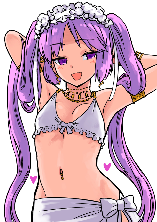 1girl :d armlet arms_behind_head bikini blush bow breasts cowboy_shot fate/grand_order fate_(series) frilled_bikini frills gold_bracelet hairband jewelry long_hair navel navel_piercing necklace open_mouth piercing purple_eyes purple_hair sabaku_chitai sarong simple_background small_breasts smile solo stheno_(fate) swimsuit very_long_hair white_background white_bikini white_bow