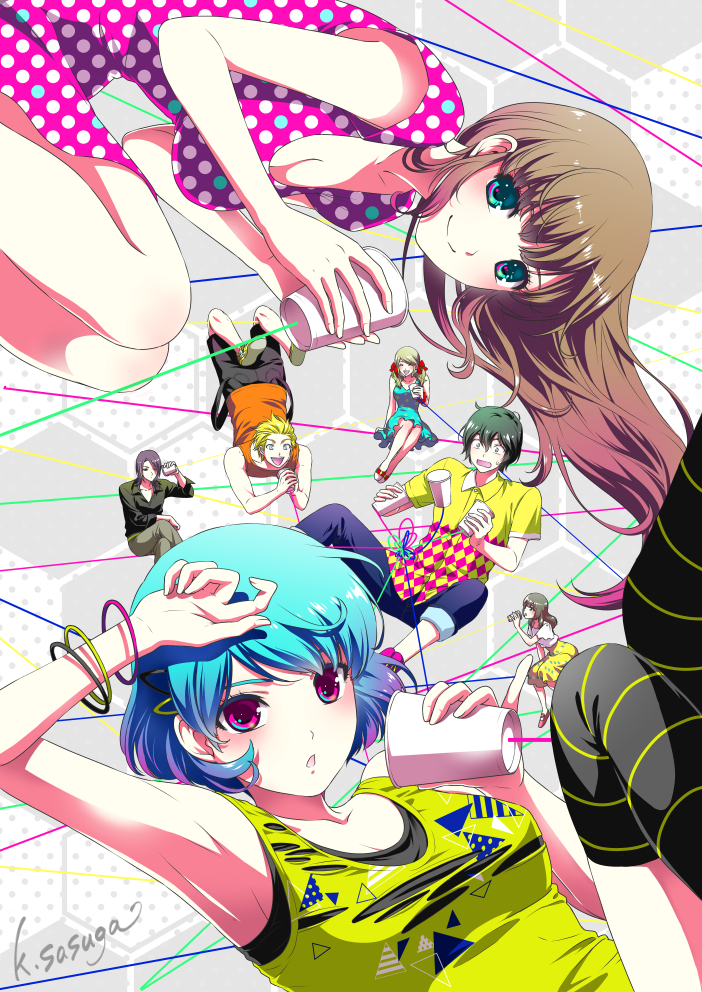 3boys 4girls artist_name ashihara_miu blue_dress blue_hair breasts brown_hair cleavage domestic_na_kanojo dress floating fujii_natsuo green_eyes green_shirt kashiwabara_momo kiriya_reiji knot long_hair looking_at_viewer matsukawa_j_alex multiple_boys multiple_girls multiple_wristbands polka_dot polka_dot_dress purple_eyes red_dress sasuga_kei shirt short_hair string_phone tachibana_hina tachibana_rui yellow_shirt