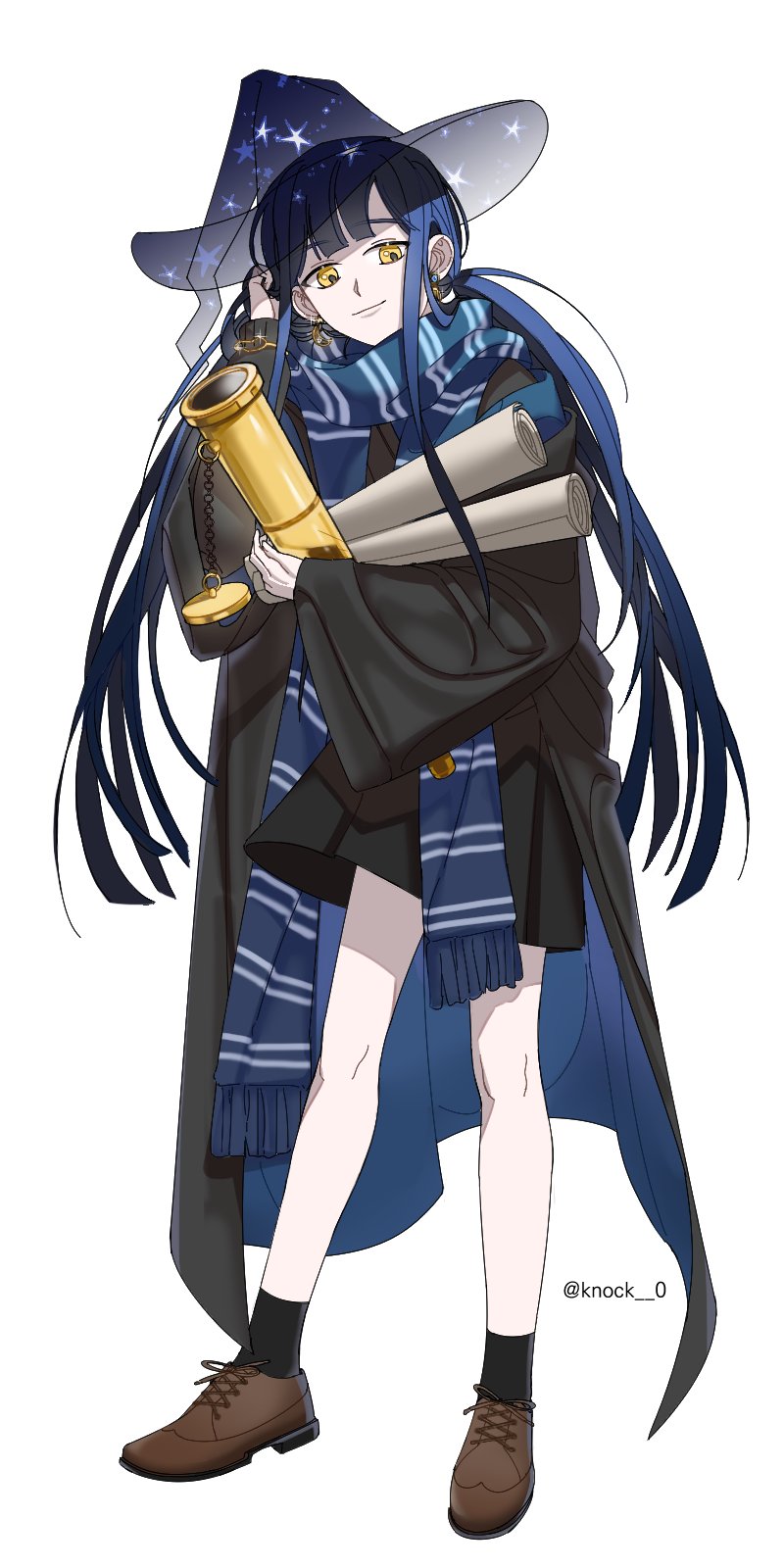 1girl black_skirt black_socks blue_hair blue_scarf brown_footwear earrings full_body hand_up hat highres jewelry knock_0 long_hair looking_at_viewer original scarf see-through_headwear shoes skirt smile socks solo twitter_username very_long_hair white_background witch witch_hat yellow_eyes