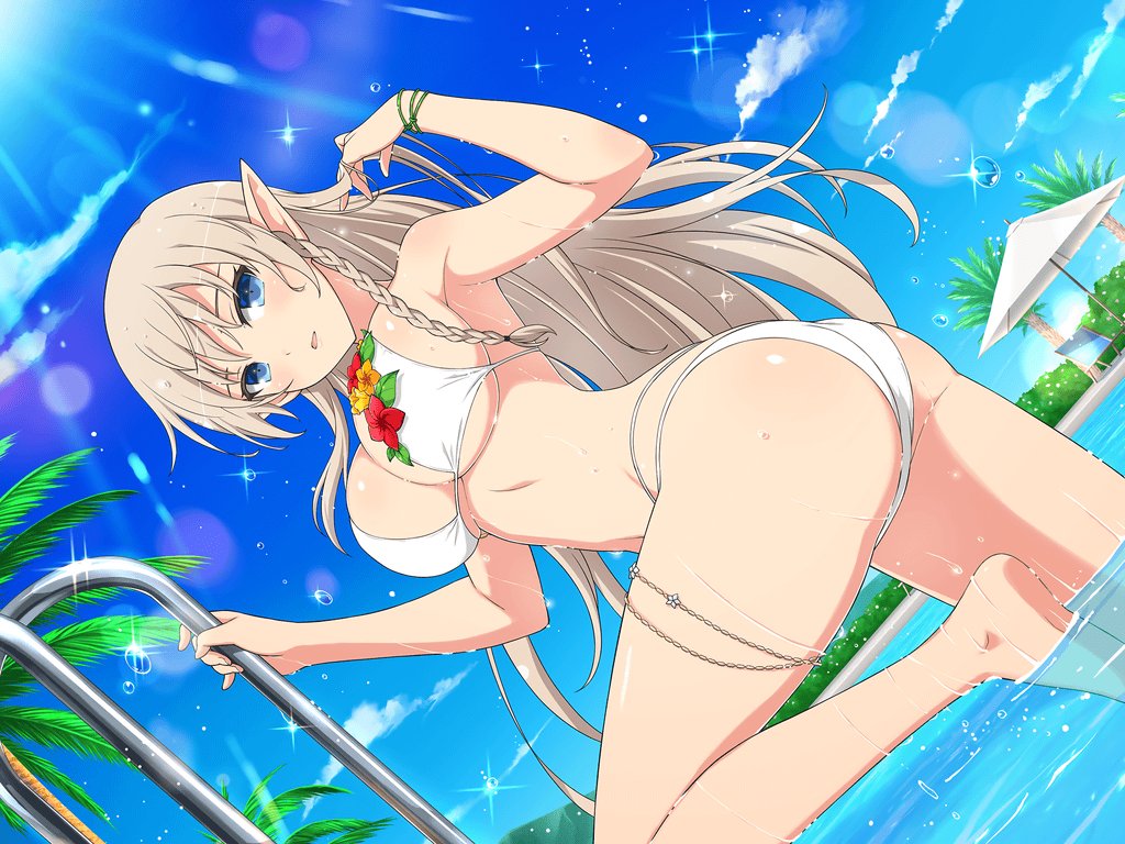 1girl alleyne_(queen's_blade) bikini blonde_hair blue_eyes blue_sky breasts cleavage crossover day in_water knee_up large_breasts long_hair looking_at_viewer official_art open_mouth outdoors palm_tree pointy_ears pool queen's_blade senran_kagura senran_kagura_new_link sky solo standing swimsuit tree water white_bikini
