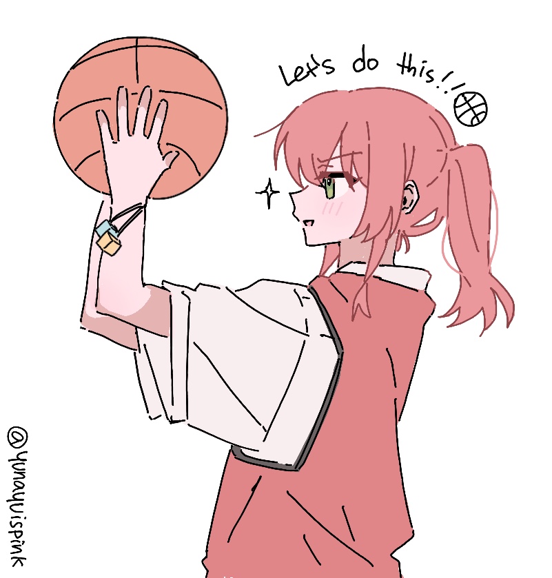 1girl artist_name ball basketball_(object) basketball_jersey basketball_uniform bocchi_the_rock! cube_hair_ornament hair_ornament holding holding_ball kita_ikuyo ponytail red_hair shirt sportswear twitter_username white_shirt yunayuispink