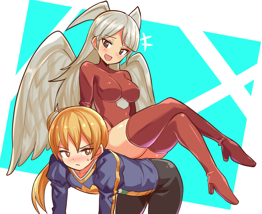 1boy 1girl angel_wings blush boots breasts closed_mouth cougar_(cougar1404) final_fantasy final_fantasy_tactics full_body head_wings high_heels highleg highleg_leotard leotard long_hair open_mouth ramza_beoulve red_leotard red_thighhighs smile thigh_boots thighhighs ultima_(fft) white_hair wings