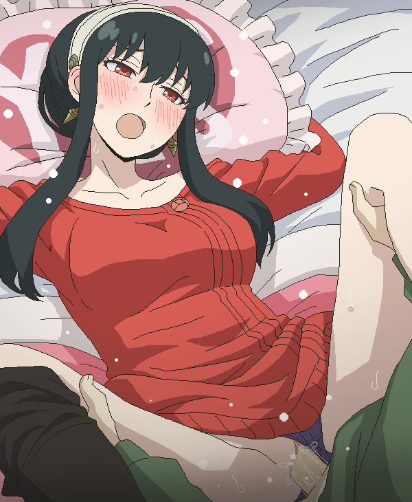 1boy 1girl bed_sheet black_hair blue_panties blush censored clothed_sex clothing_aside commentary_request earrings jewelry long_hair long_sleeves lying mosaic_censoring on_back open_mouth panties panties_aside penis pillow pussy red_eyes red_sweater revision sex solo_focus spy_x_family sweater tomu_(tomubobu) underwear vaginal yor_briar