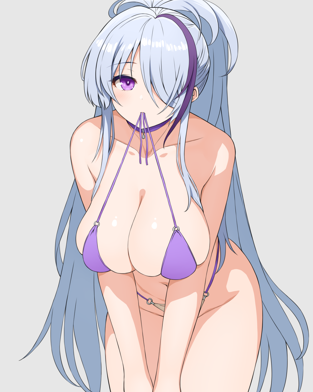 1girl asamura_hiori azur_lane bare_shoulders bent_over bikini bikini_in_mouth bra_in_mouth breasts choker cleavage clothes_in_mouth collarbone grey_background hair_over_one_eye high_ponytail highres large_breasts long_hair multicolored_hair navel o-ring o-ring_bikini official_alternate_costume purple_bikini purple_choker purple_hair sagging_breasts sidelocks simple_background solo streaked_hair swimsuit unzen_(azur_lane) very_long_hair white_hair
