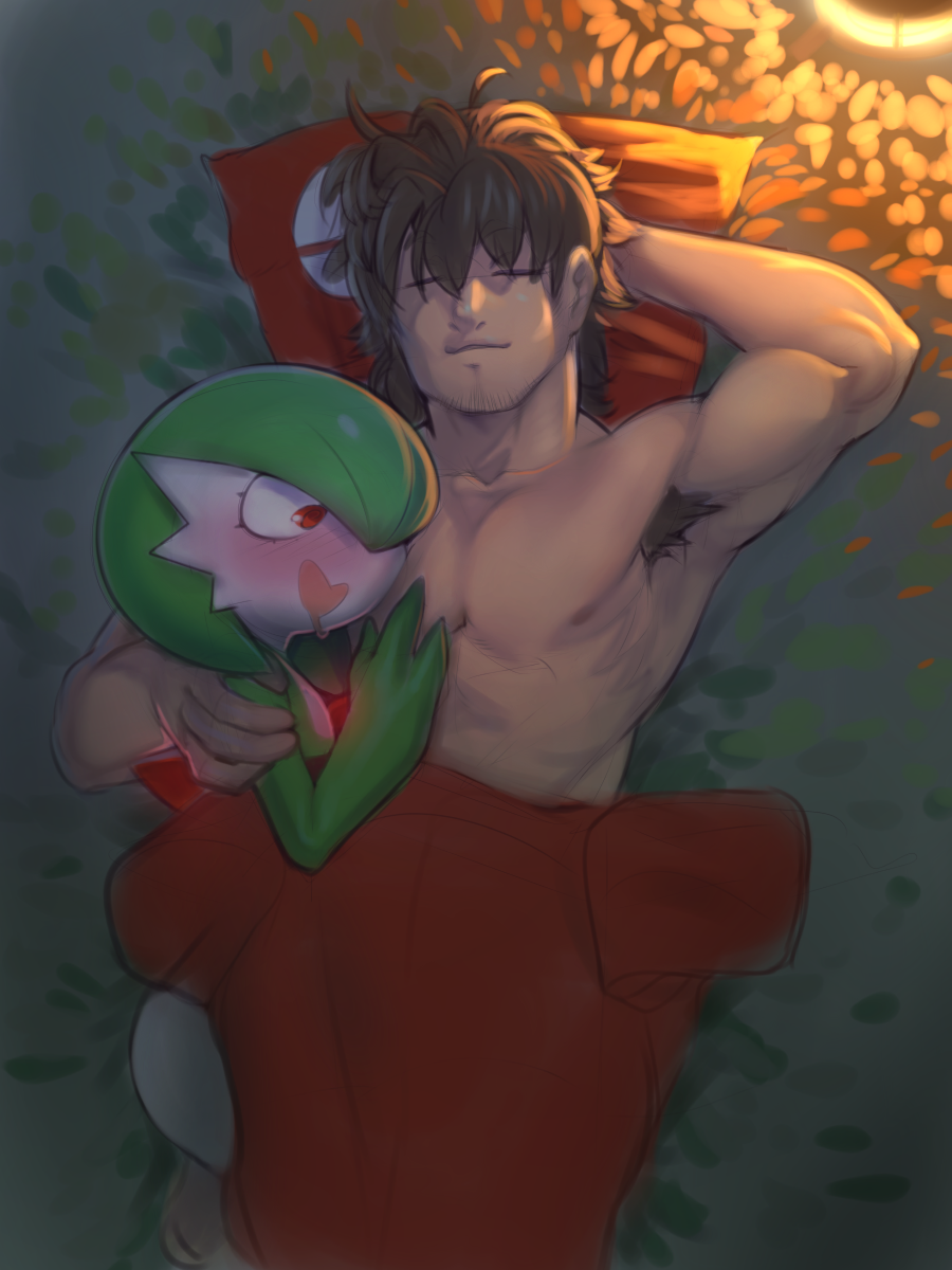 anthro blush duo gardevoir generation_3_pokemon green_hair hair hi_res human male mammal nintendo plantpenetrator pokemon pokemon_(species) red_eyes shirtless_male sleeping