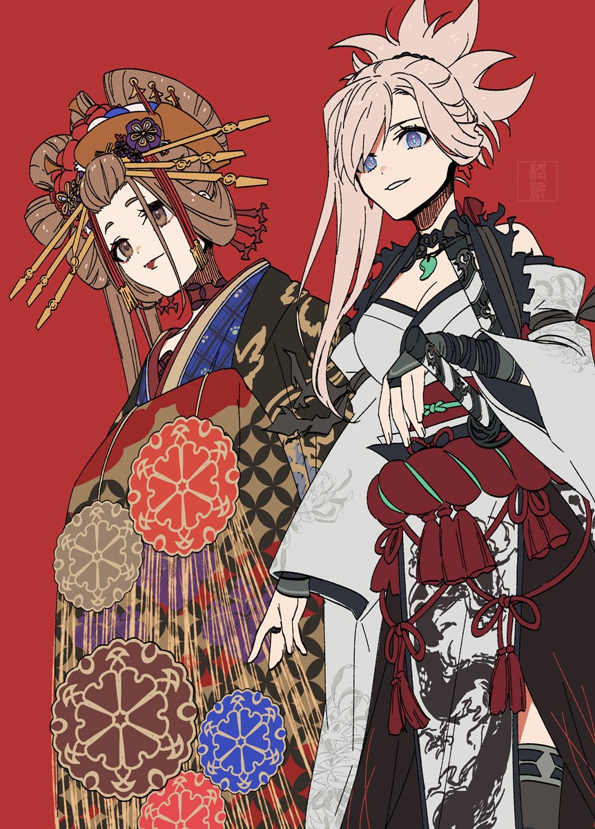 2girls blue_kimono bridal_gauntlets brown_eyes brown_hair closed_mouth commentary_request detached_sleeves dragon_print earrings fate/samurai_remnant fate_(series) grin hair_ornament haori highres japanese_clothes jewelry katana kibou kimono layered_clothes layered_kimono lips lipstick long_hair looking_at_viewer magatama magatama_necklace makeup miyamoto_musashi_(fate) multiple_girls necklace pelvic_curtain pink_hair print_kimono red_background red_lips simple_background smile sword takao_dayu_(fate) weapon white_kimono