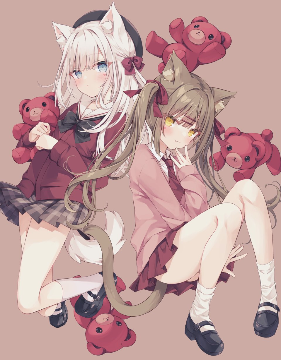 2girls animal_ear_fluff animal_ears ass black_bow black_footwear blue_eyes blush bow brown_background brown_hair brown_skirt cardigan cat_ears cat_girl cat_tail closed_mouth collared_shirt commentary fang fang_out hair_ornament hairclip highres hoshi_(snacherubi) long_hair multiple_girls necktie object_hug original pink_sweater plaid plaid_skirt red_cardigan red_necktie red_skirt sailor_collar shirt shoes simple_background skirt smile socks stuffed_animal stuffed_toy sweater symbol-only_commentary tail teddy_bear twintails very_long_hair white_hair white_sailor_collar white_shirt white_socks wolf_ears wolf_girl wolf_tail yellow_eyes