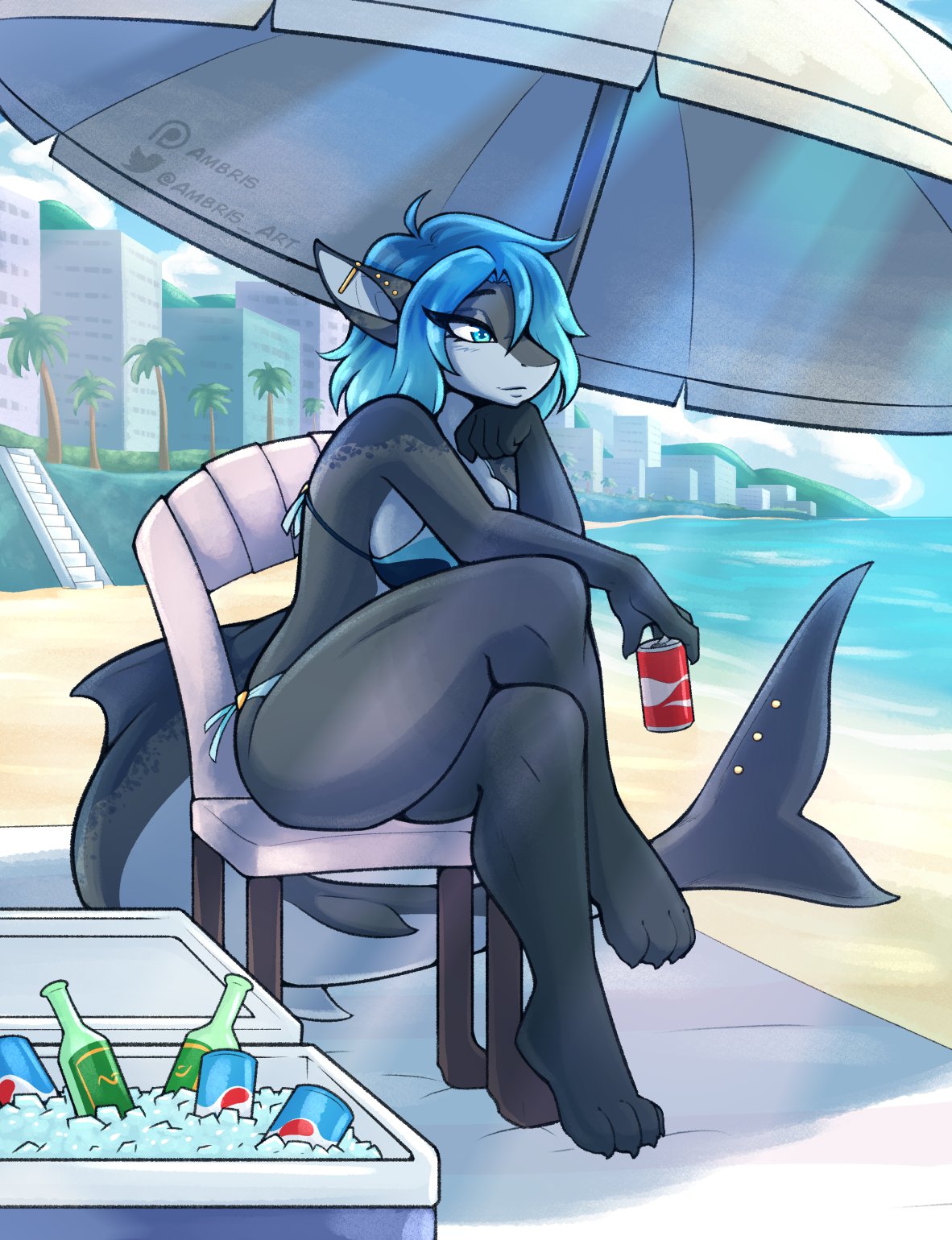 ambris anthro beach beach_umbrella beverage beverage_can bikini blue_eyes blue_hair bottle breasts building chair clothing container crossed_legs ear_piercing erika_(ambris) eyebrows eyelashes feet female fish furgonomics furniture furry-specific_piercing grey_body hair hi_res holding_beverage holding_object industrial_piercing marine outside piercing seaside shark short_hair side-tie_bikini sitting solo string_bikini swimwear tail tail_piercing