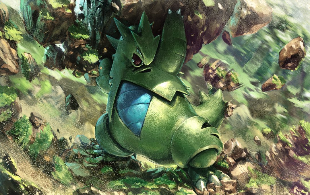 arms_up boulder carrying_overhead claws fangs grass green_tail no_humans open_mouth pokemon pokemon_(creature) solo spiked_tail spikes tail tenshinhannnn tyranitar
