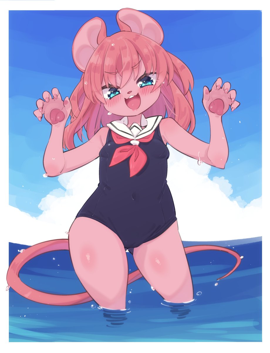 1girl animal_ears animal_nose arms_up ass_visible_through_thighs beach blue_eyes blue_one-piece_swimsuit blush breasts claw_pose cloud covered_navel furry furry_female highres looking_at_viewer mouse_ears mouse_girl mouse_girl_(yuuki_(yuyuki000)) mouse_tail ocean one-piece_swimsuit open_mouth original outdoors pink_hair sailor_collar short_hair sky small_breasts smile solo swimsuit tail thighs wading water yuuki_(yuyuki000)