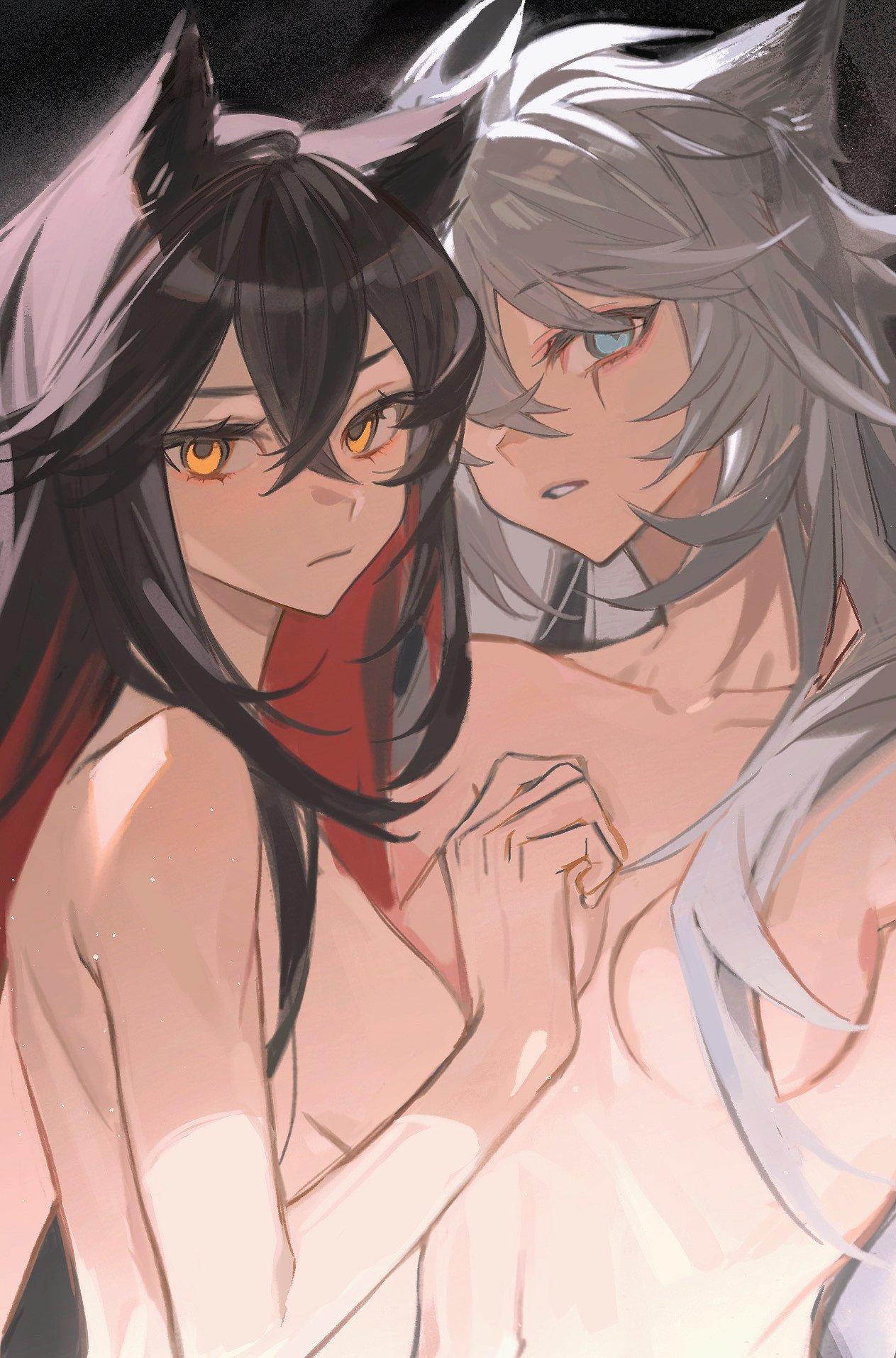 2girls animal_ears arknights black_hair blue_eyes breasts closed_mouth collarbone colored_inner_hair completely_nude grey_hair hair_between_eyes hair_censor hair_over_breasts hair_over_one_breast highres lappland_(arknights) long_hair looking_at_viewer medium_breasts multicolored_hair multiple_girls navel nude orange_eyes parted_lips pinenut_sn red_hair scar scar_across_eye sideboob teeth texas_(arknights) upper_body wolf_ears yuri