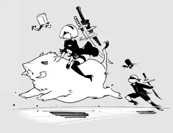 black_blindfold black_dress black_skirt blade blindfold boar boots dress fishine greyscale high_heel_boots high_heels meme minimalism monochrome nier:automata nier_(series) pod_(nier:automata) riding_animal running sketch skirt thighhighs thighhighs_under_boots weapon weapon_behind_back white_hair yorha_no._2_type_b yorha_no._9_type_s