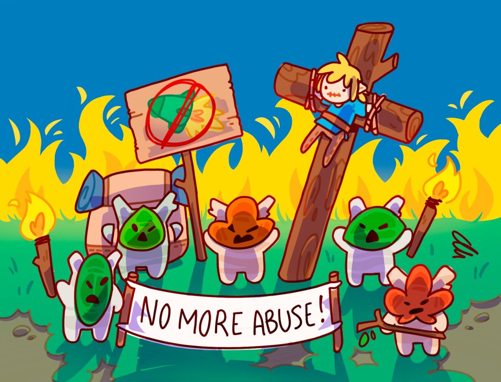 5others angry anytiny backpack bag banner blue_sky character_doll chibi commentary crucifixion english_commentary english_text fire full_body gameplay_mechanics grass holding holding_torch korok link multiple_others outdoors protest sign sky the_legend_of_zelda the_legend_of_zelda:_tears_of_the_kingdom torch