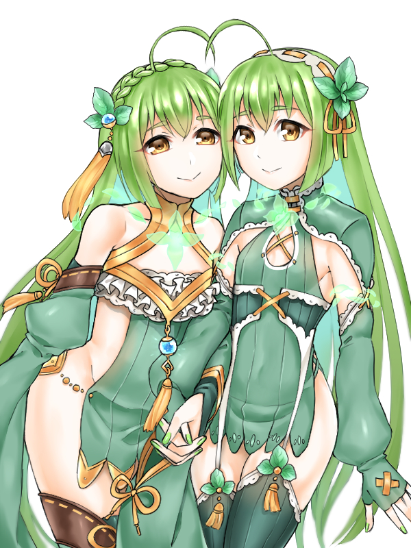 2girls ahoge alternate_form braid brown_eyes brown_thighhighs detached_sleeves flat_chest flower_knight_girl green_nails green_thighhighs holding_hands long_sleeves mint mint_(flower_knight_girl) mint_hair_ornament monoton_(neoteto) multiple_girls smile thighhighs white_background