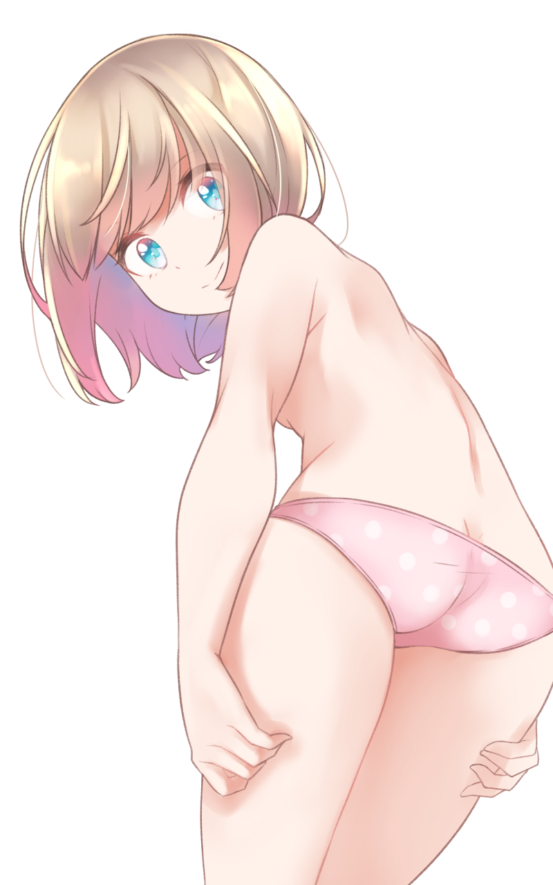 1girl ass blue_eyes bottomless brown_hair closed_mouth comah from_behind from_below highres looking_at_viewer looking_back looking_down original panties pink_panties polka_dot polka_dot_panties simple_background smile solo underwear underwear_only white_background