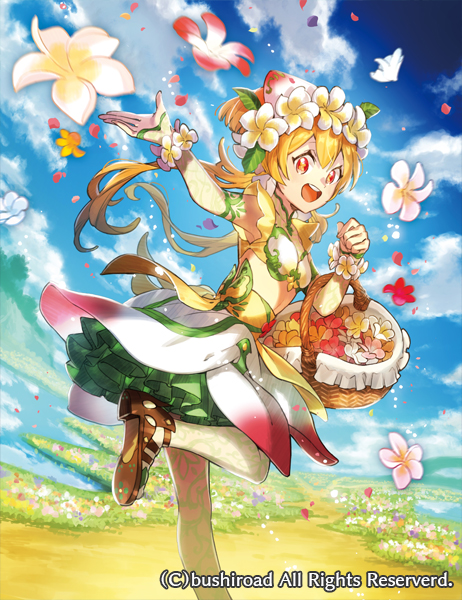 1girl :d arm_warmers basket blonde_hair brown_footwear cardfight!!_vanguard cloud copyright crop_top day double-parted_bangs flower flower_bracelet flower_skirt flower_wreath foot_out_of_frame from_behind gradient_clothes green_skirt hair_between_eyes head_scarf head_wreath high-waist_skirt holding holding_basket kaworu_(kaw_lov) layered_skirt long_hair looking_at_viewer looking_back low_ponytail midriff multicolored_clothes multicolored_skirt official_art pantyhose path patterned_clothing plumeria red_eyes red_flower reflection reflective_water sandals shirt short_sleeves skirt smile solo standing standing_on_one_leg teeth throwing upper_teeth_only white_flower white_shirt white_skirt yellow_flower yellow_pantyhose yellow_sleeves