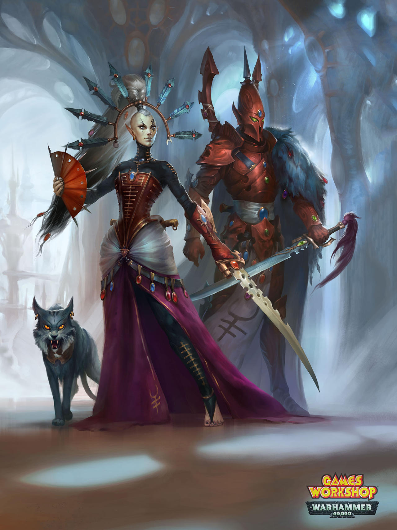 1boy 1girl anna-lakisova armor armored_boots armored_dress blue_gemstone bodyguard boots breastplate cape chest_jewel colored_sclera commentary company_name copyright_name dress earrings eldar english_commentary fan_blade faulds feathers feet forehead_jewel full_armor gauntlets gem greaves green_gemstone hand_fan helmet highres holding holding_sword holding_weapon jewelry long_hair nail_polish paper_fan pauldrons plume pointy_ears ponytail power_armor purple_gemstone red_gemstone saber_(weapon) sharp_teeth shoulder_armor sphinx sword teeth thighhighs very_long_hair warhammer_40k weapon white_hair yellow_sclera yvraine