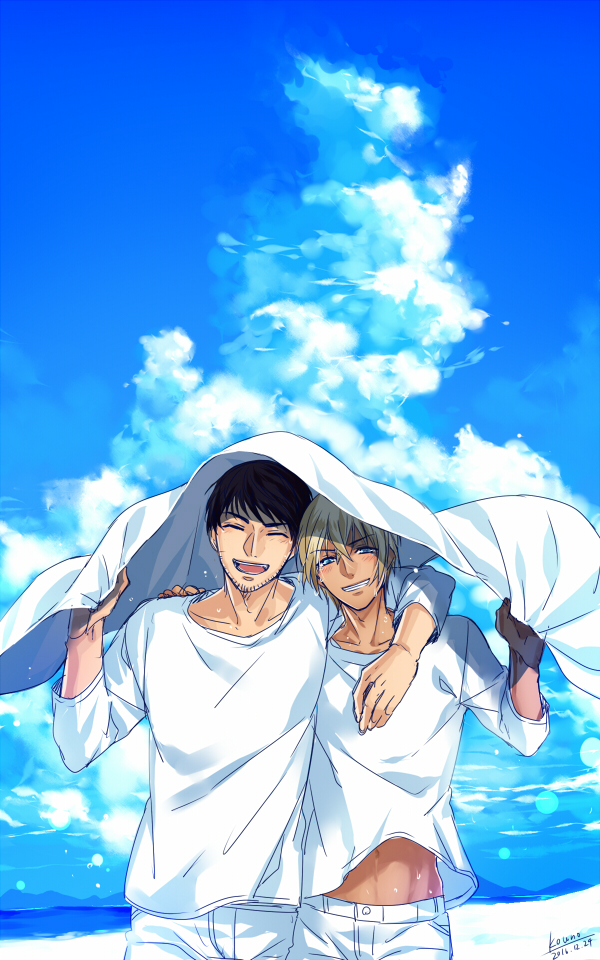 2boys :d amuro_tooru arm_around_shoulder black_hair blonde_hair blue_eyes blue_sky closed_eyes cloud collarbone commentary_request crossed_bangs dated day facial_hair hair_between_eyes hand_on_another's_shoulder happy holding holding_clothes holding_jacket jacket kouno_kb long_sleeves looking_at_viewer male_focus meitantei_conan midriff multiple_boys open_mouth outdoors pants scotch_(meitantei_conan) shirt short_hair signature sky smile stubble teeth upper_body white_jacket white_pants white_shirt