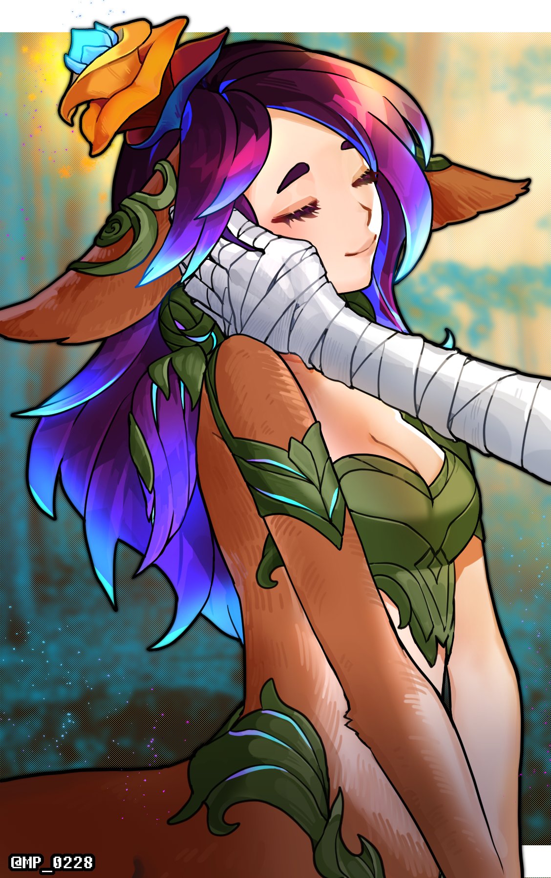1boy 1girl animal_ears artist_name bandaged_arm bandaged_hand bandages blue_hair breasts cleavage closed_eyes closed_mouth flower hair_flower hair_ornament hand_on_another's_cheek hand_on_another's_face highres league_of_legends lillia_(league_of_legends) long_hair medium_breasts mp_0228 out_of_frame outdoors parted_bangs smile solo_focus upper_body yone_(league_of_legends)
