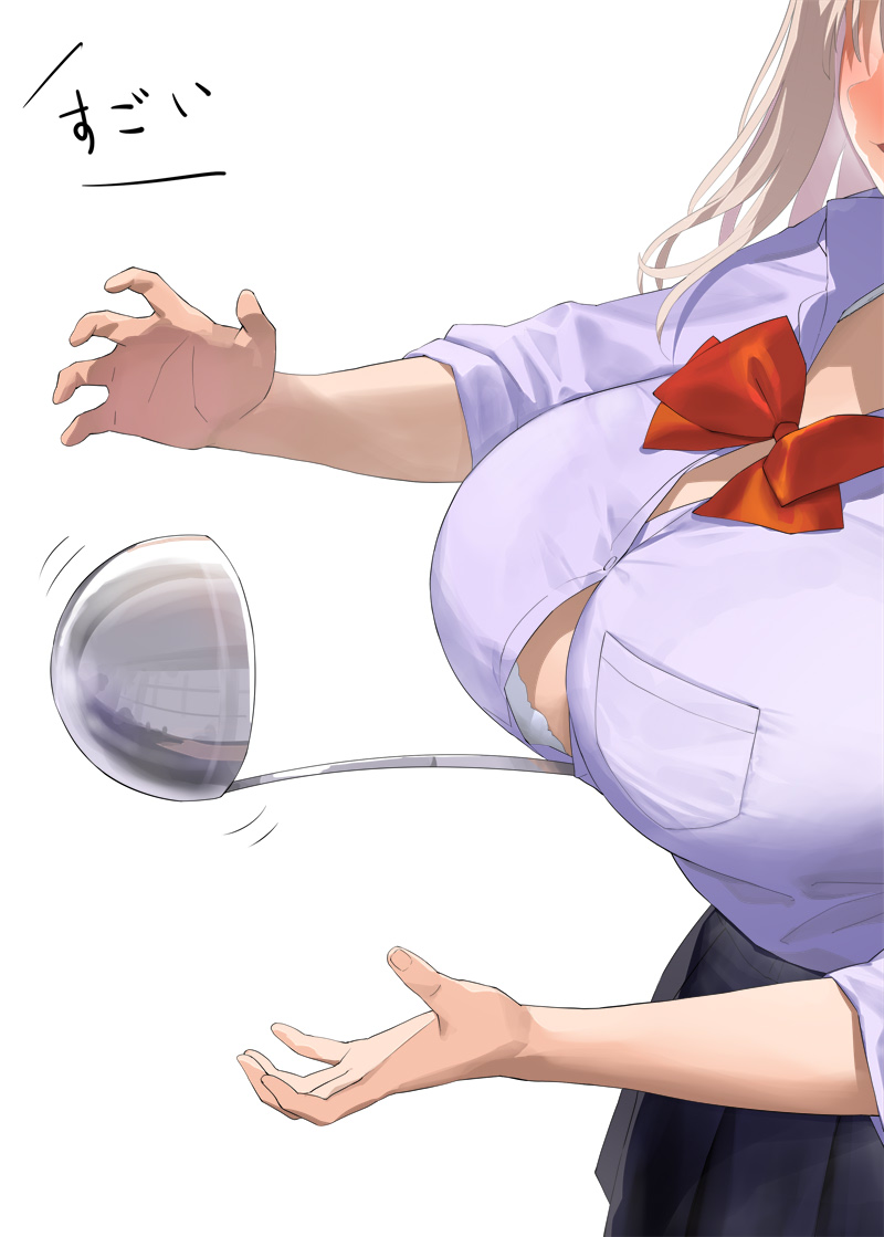 1girl between_breasts bow bowtie bra breasts brown_hair button_gap commentary_request fingernails kaisen_chuui ladle large_breasts medium_hair open_mouth original red_bow red_bowtie school_uniform shirt simple_background solo translation_request underwear white_background white_bra white_shirt