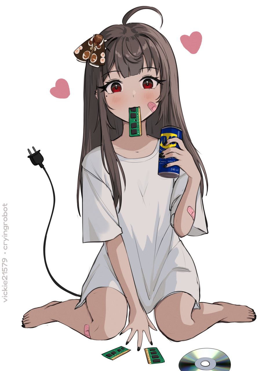 1girl ahoge animal_on_head artist_name bandaid bandaid_on_arm bandaid_on_cheek bandaid_on_face bandaid_on_leg barefoot between_legs blush brown_hair bug cable cable_tail can cd drink ear_piercing electric_plug full_body hand_between_legs hand_up heart highres holding holding_can holding_drink long_hair looking_at_viewer mechanical_tail moth mouth_hold on_head original oversized_clothes oversized_shirt piercing ram_(computer) red_eyes shirt short_sleeves simple_background sitting solo straight_hair t-shirt tail tail_raised vickie_(cryingrobot) vickie_(cryingrobot)_(character) wariza wd-40 white_background white_shirt
