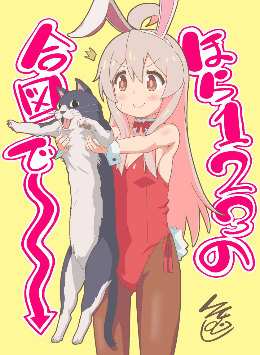 1girl ahoge animal animal_ears black_pantyhose bow bowtie breasts cat detached_collar fake_animal_ears fake_tail hair_between_eyes holding holding_animal holding_cat ki_(adotadot) leotard light_brown_hair long_hair looking_at_viewer onii-chan_wa_oshimai! oyama_mahiro pantyhose playboy_bunny rabbit_ears rabbit_tail red_eyes red_leotard sidelocks small_breasts smile solo strapless strapless_leotard tail wrist_cuffs yellow_eyes