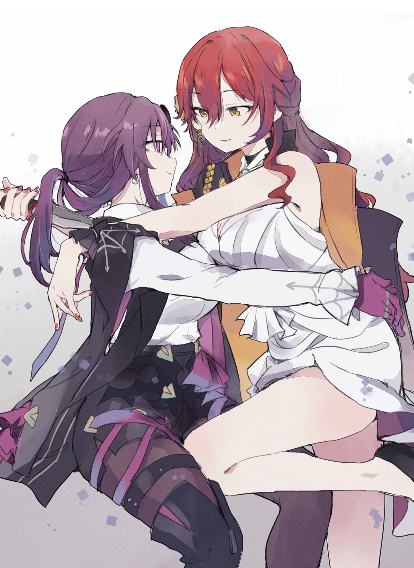 2girls arm_on_shoulder bare_arms black_coat black_shorts blade_to_throat breasts brown_thighhighs chinese_commentary cleavage coat coat_on_shoulders commentary_request dagger dress earrings feet_out_of_frame fud gloves gradient_background grey_background highres himeko_(honkai:_star_rail) holding holding_dagger holding_knife holding_weapon honkai:_star_rail honkai_(series) huge_breasts jewelry kafka_(honkai:_star_rail) kneeling knife leg_between_thighs long_hair long_sleeves looking_at_another looking_at_viewer multiple_girls ponytail purple_eyes purple_gloves purple_hair red_hair shirt shorts smile spread_legs thighhighs thighs wavy_hair weapon white_dress white_shirt yellow_eyes yuri