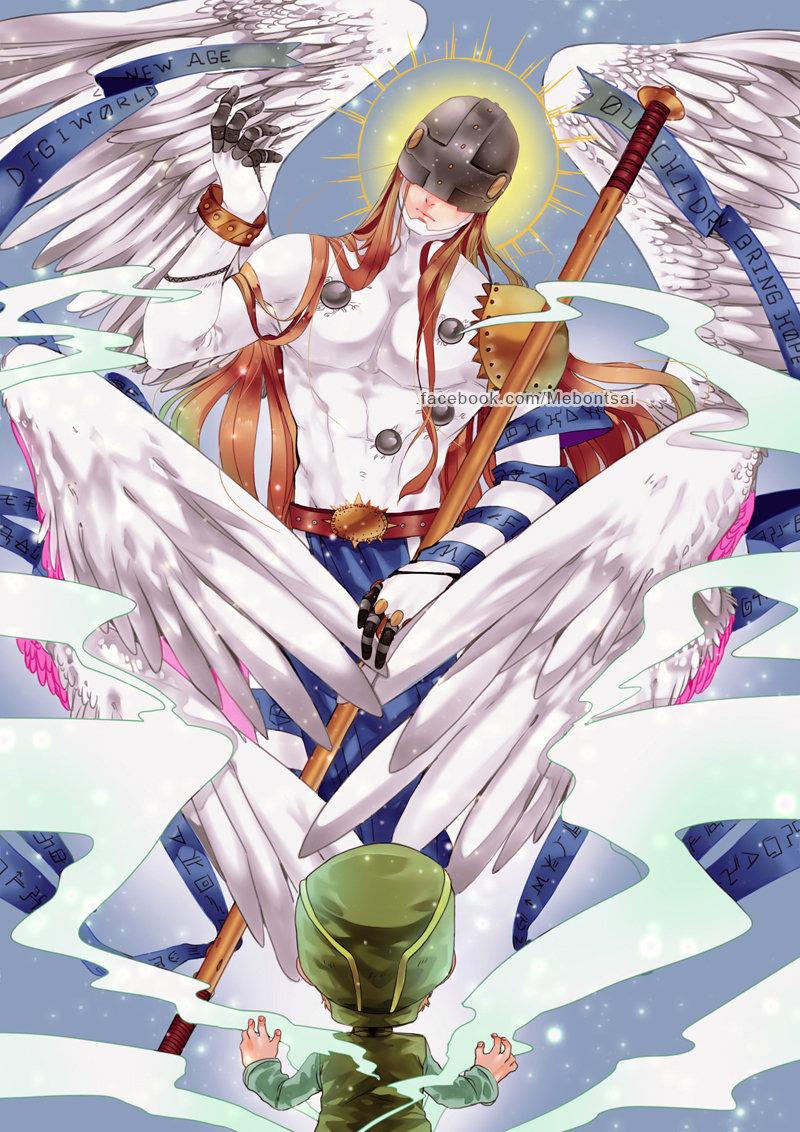 2boys angel angel_wings angemon artist_name bodysuit brown_hair child covered_eyes digimon digimon_(creature) facebook_username facing_away feathered_wings halo hat helmet_over_eyes holding holding_polearm holding_weapon long_hair looking_at_another mask multiple_boys polearm takaishi_takeru watermark weapon web_address white_bodysuit white_wings wings yunatsai_m