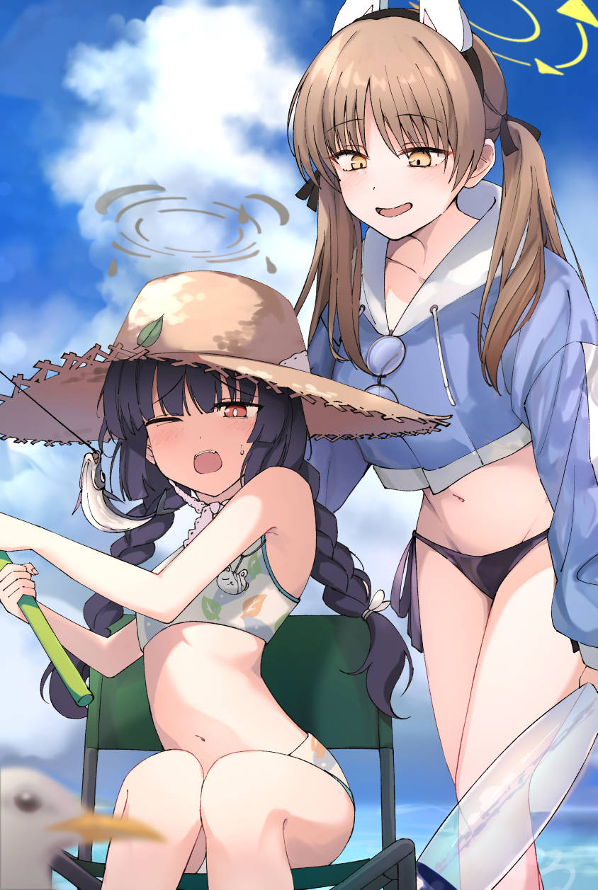 2girls animal_ears bikini bird black_hair black_sweater blue_archive blue_jacket blurry blush braid brown_eyes brown_hair chair cloud commentary crop_top crop_top_overhang cumulonimbus_cloud depth_of_field fake_animal_ears feet_out_of_frame fish fishing_rod floral_print halo hat highres holding holding_fishing_rod jacket kiyakyuu long_hair long_sleeves miyu_(blue_archive) miyu_(swimsuit)_(blue_archive) moe_(blue_archive) moe_(swimsuit)_(blue_archive) multiple_girls navel official_alternate_costume one_eye_closed open_mouth orange_eyes puffy_sleeves rabbit_ears sitting stomach sun_hat sweatdrop sweater swimsuit teeth twin_braids twintails upper_teeth_only white_bikini