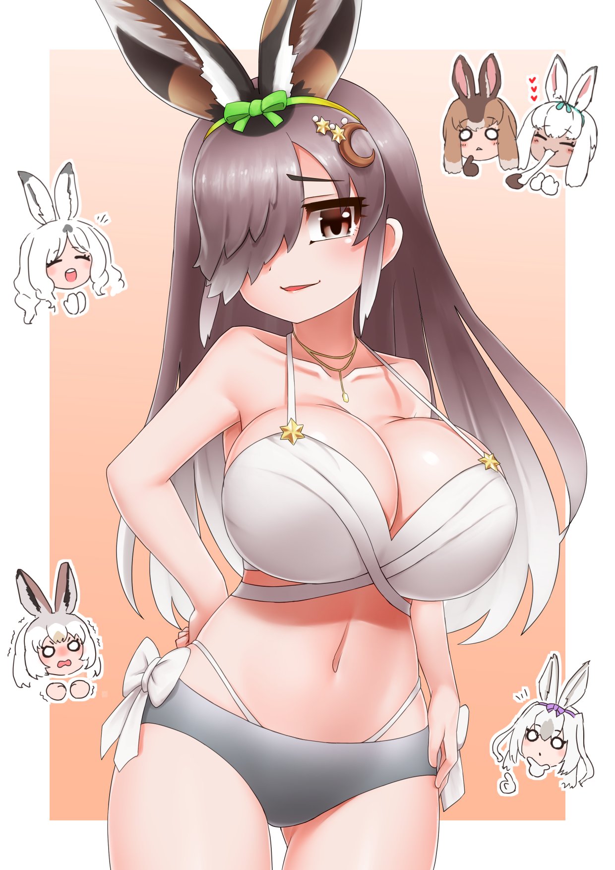 3_point_5_c 6+girls alternate_breast_size animal_ears arctic_hare_(kemono_friends) arm_at_side ass_visible_through_thighs bikini border bow bow_bikini bow_hairband breasts brown_eyes brown_hair chibi cleavage closed_eyes collarbone cowboy_shot crescent crescent_hair_ornament dark-skinned_female dark_skin eating european_hare_(kemono_friends) extra_ears food food_in_mouth furrowed_brow green_bow grey_hair hair_ornament hair_over_one_eye hairband hand_on_own_chin hand_on_own_hip heart highres holding holding_food huge_breasts japanese_hare_(kemono_friends) jewelry kemono_friends kemono_friends_3 layered_bikini layered_clothes legs_apart long_bangs long_hair looking_at_another looking_at_viewer mochi mountain_hare_(kemono_friends) multicolored_hair multiple_girls navel o_o official_alternate_costume outside_border parted_bangs parted_lips pendant pointing pointing_at_another rabbit_ears skindentation smile snowshoe_hare_(kemono_friends) solo_focus stomach strap_gap swimsuit trembling tsukuyomi_shinshi_(kemono_friends) two-tone_hair very_long_hair white_border white_bow white_hair