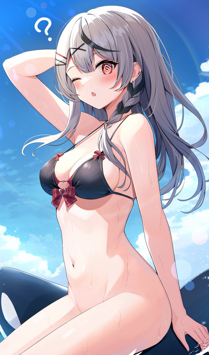 1girl ? @_@ adju_ster arm_at_side arm_up bikini black_bikini black_hair blue_sky blunt_bangs blush bottomless bow braid breasts chestnut_mouth cleavage cloud commentary_request curvy ear_piercing eyelashes grey_hair groin hair_ornament heart heart-shaped_ornament heart_hair_ornament highres hololive large_breasts lens_flare long_hair multicolored_hair navel nude one_eye_closed open_mouth orca piercing plaid plaid_bow red_bow red_eyes sakamata_chloe sidelighting sidelocks single_braid sitting skindentation sky solo stomach streaked_hair swimsuit virtual_youtuber wet x_hair_ornament