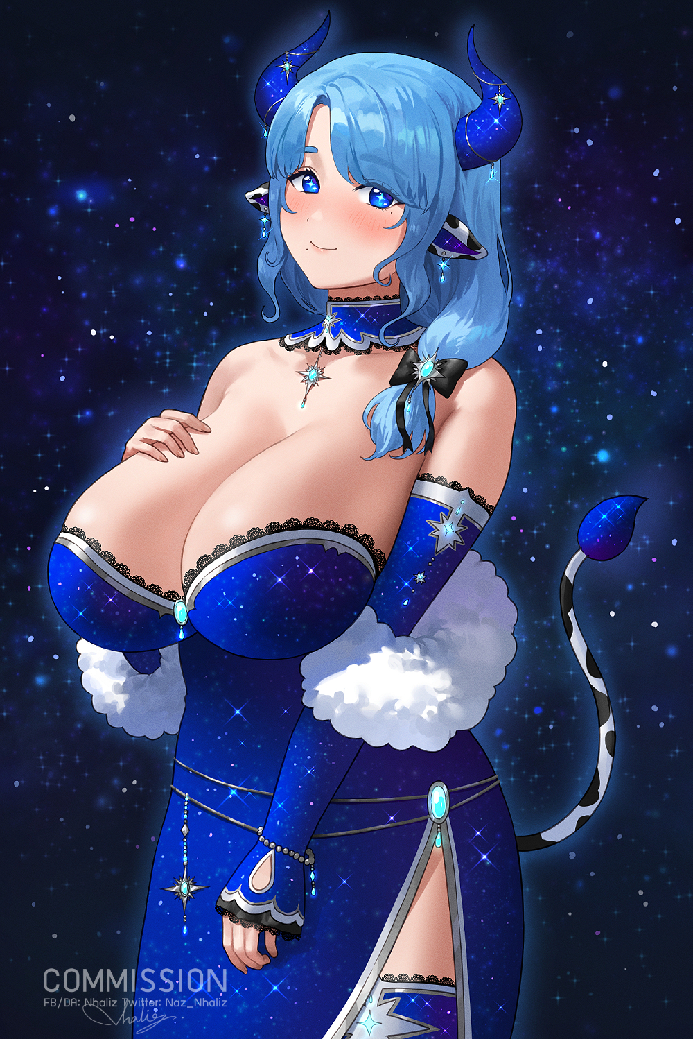 1girl animal_ears black_bow blue_dress blue_eyes blue_hair blue_pupils blush bow breasts bright_pupils cleavage closed_mouth collarbone commission cow_ears cow_girl cow_horns cow_tail cowboy_shot detached_collar detached_sleeves dress earrings english_text eyebrows_hidden_by_hair gem glowing hand_on_own_chest highres horn_ornament horns huge_breasts indie_virtual_youtuber jewelry lace-trimmed_dress lace_trim long_sleeves looking_at_viewer medium_hair miilkywayz mole mole_under_eye mole_under_mouth nhaliz pendant side_slit sleeves_past_wrists smile solo sparkle star-shaped_pupils star_(symbol) symbol-shaped_pupils tail thighhighs virtual_youtuber