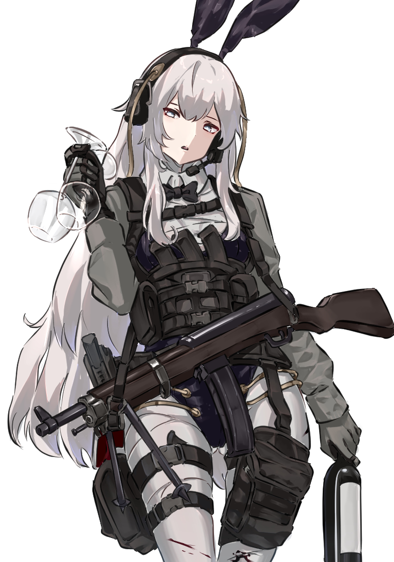 animal_ears black_bow black_bowtie blue_eyes bottle bow bowtie chest_rig cup drinking_glass expressionless fake_animal_ears girls'_frontline grey_jacket headset holding holding_bottle holding_cup jacket long_hair magazine_(weapon) mutugorou_u pants ribeyrolles_(girls'_frontline) ribeyrolles_1918 white_background white_hair white_pants wine_bottle wine_glass