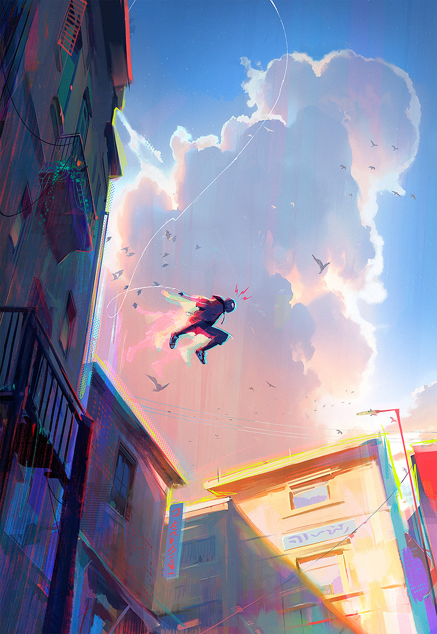 1boy bird building chromatic_aberration cloud cloudy_sky commentary english_commentary evening full_body highres lamppost lightning_bolt_symbol male_focus marvel ross_tran shadow silk sky solo spider-man:_across_the_spider-verse spider-man:_into_the_spider-verse spider-man_(miles_morales) spider-man_(series) spider-verse