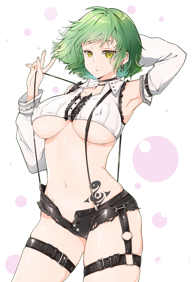 1girl :o arm_behind_head arm_belt armpits bare_shoulders belt belt_buckle black_belt body_blush breasts bubble bubble_background buckle center_frills choker collar collarbone collared_shirt covered_nipples crop_top detached_sleeves earrings frilled_shirt frills green_hair groin hikage_(senran_kagura) hip_tattoo jewelry lace lace-trimmed_sleeves lace_trim large_breasts looking_at_viewer mzknk0313 navel o-ring o-ring_thigh_strap open_fly open_mouth pants pink_background revealing_clothes senran_kagura senran_kagura_new_link senran_kagura_shoujo-tachi_no_shin'ei shiny_skin shirt short_hair short_shorts shorts skindentation slit_pupils snake_tattoo solo standing suspender_shorts suspenders suspenders_pull tattoo thigh_belt thigh_strap thighs torn_clothes torn_pants torn_shorts two-tone_background underboob v white_background yellow_eyes