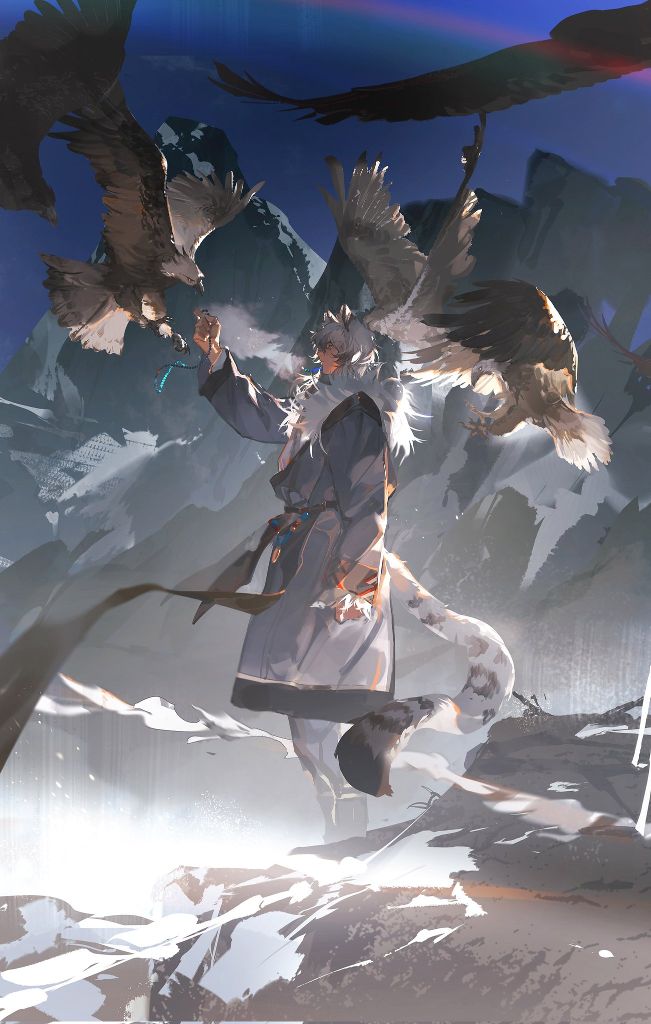 1boy akai_999 animal animal_ear_fluff animal_ears arknights bead_necklace beads bird coat day eagle full_body fur-trimmed_coat fur_trim grey_hair highres holding holding_jewelry holding_necklace jewelry leopard_boy leopard_ears leopard_tail long_sleeves male_focus mountain necklace outdoors scenery short_hair silverash_(arknights) sky snow solo standing tail winter winter_clothes